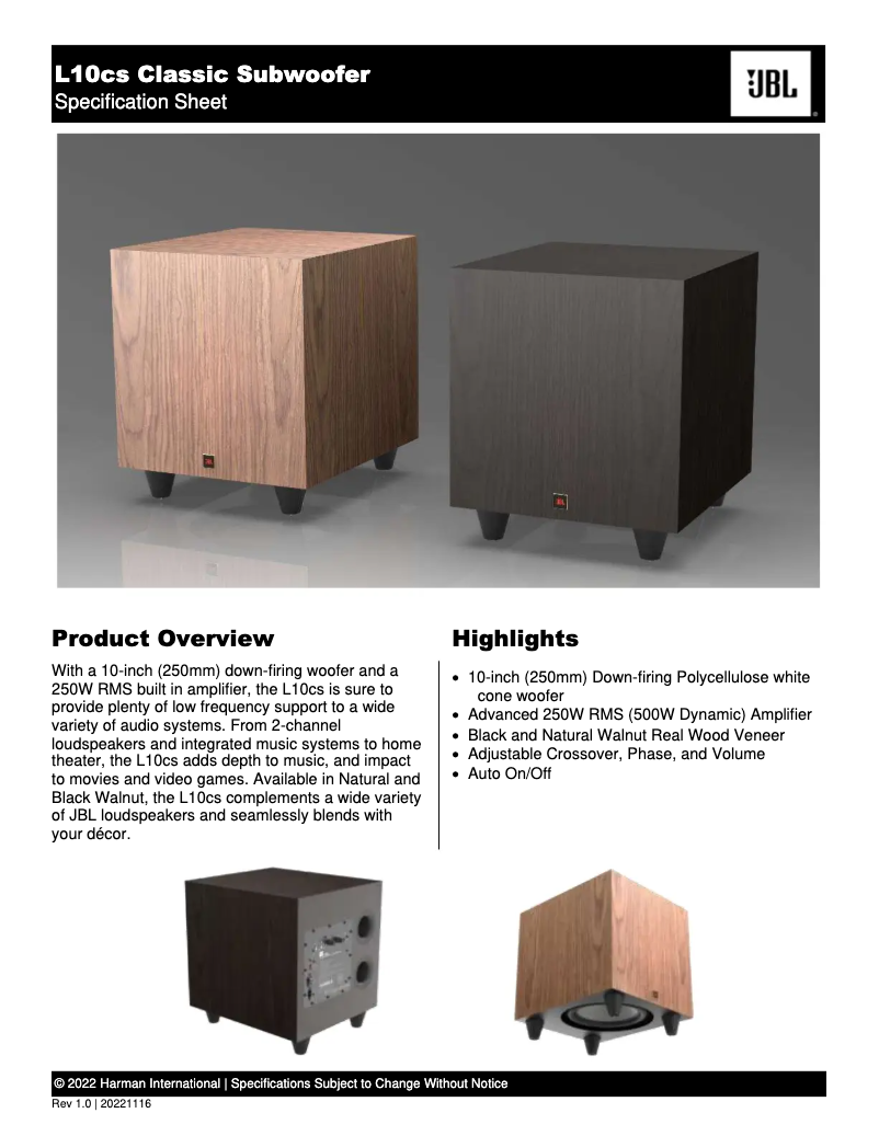 Page 1 de la notice Fiche technique JBL L10CS