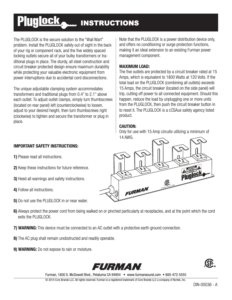 Page 1 de la notice Manuel utilisateur Furman PLUGLOCK