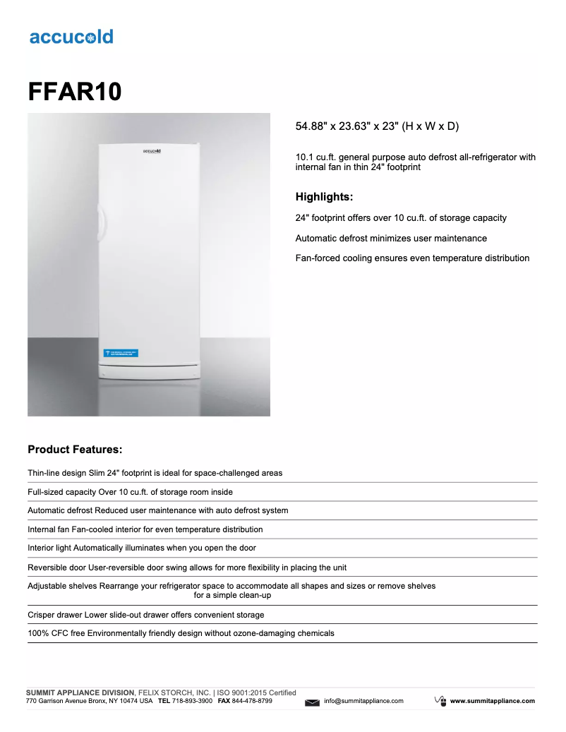 Page 1 de la notice Fiche technique Summit Accucold FFAR10