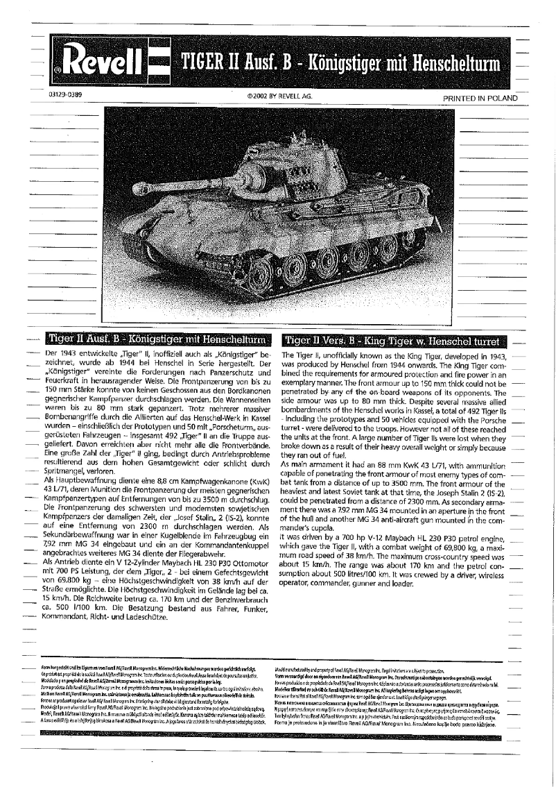 Page 1 de la notice Manuel utilisateur Revell Tiger II Ausf. B