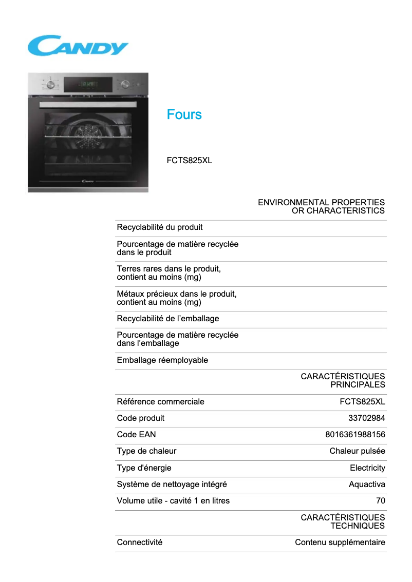 Page 1 de la notice Fiche technique Candy FCTS825XL