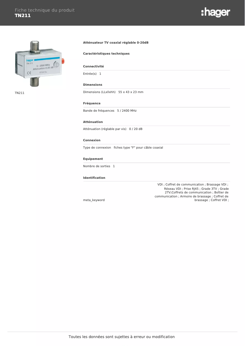 Page n°1 - Fiche technique Hager TN211