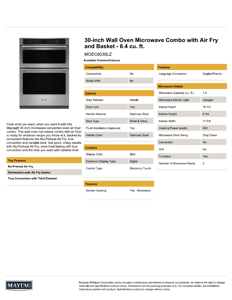 Page n°1 - Fiche technique Maytag MOEC6030LZ