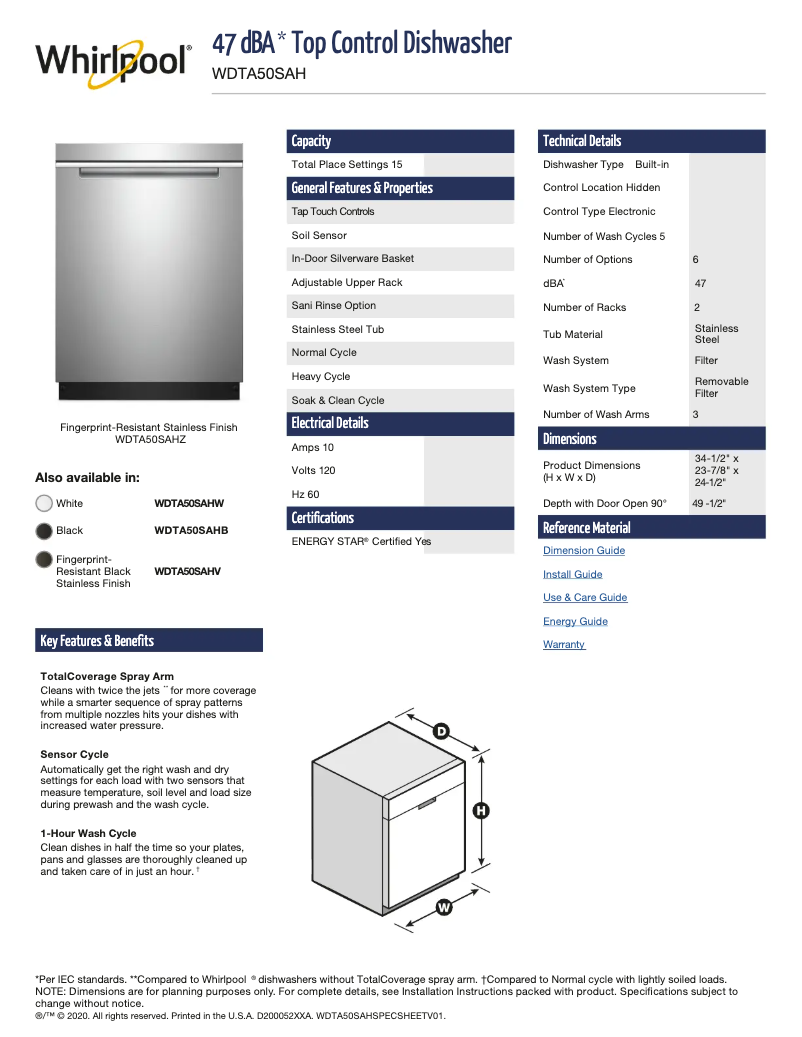 Page 1 de la notice Fiche technique Whirlpool WDTA50SAHZ