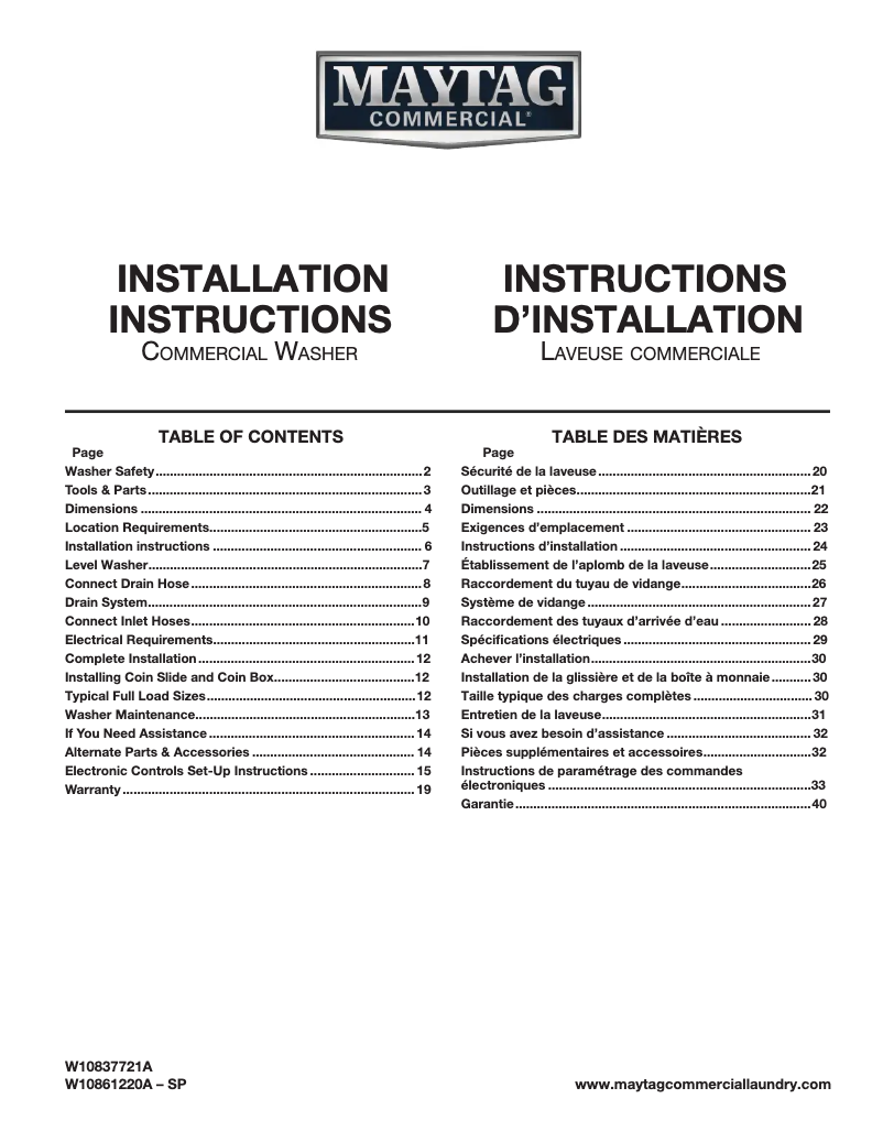Page 1 de la notice Guide d'installation Maytag MAT20MNAWW