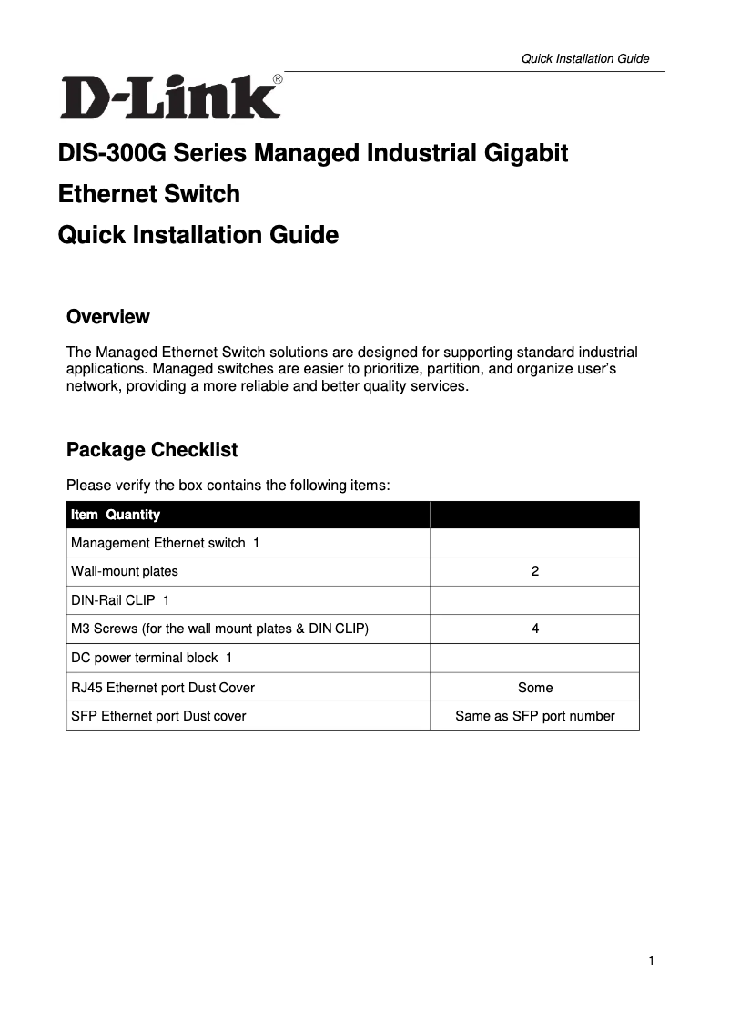 Page n°1 - Guide d'installation D-Link DIS-300G-8PSW