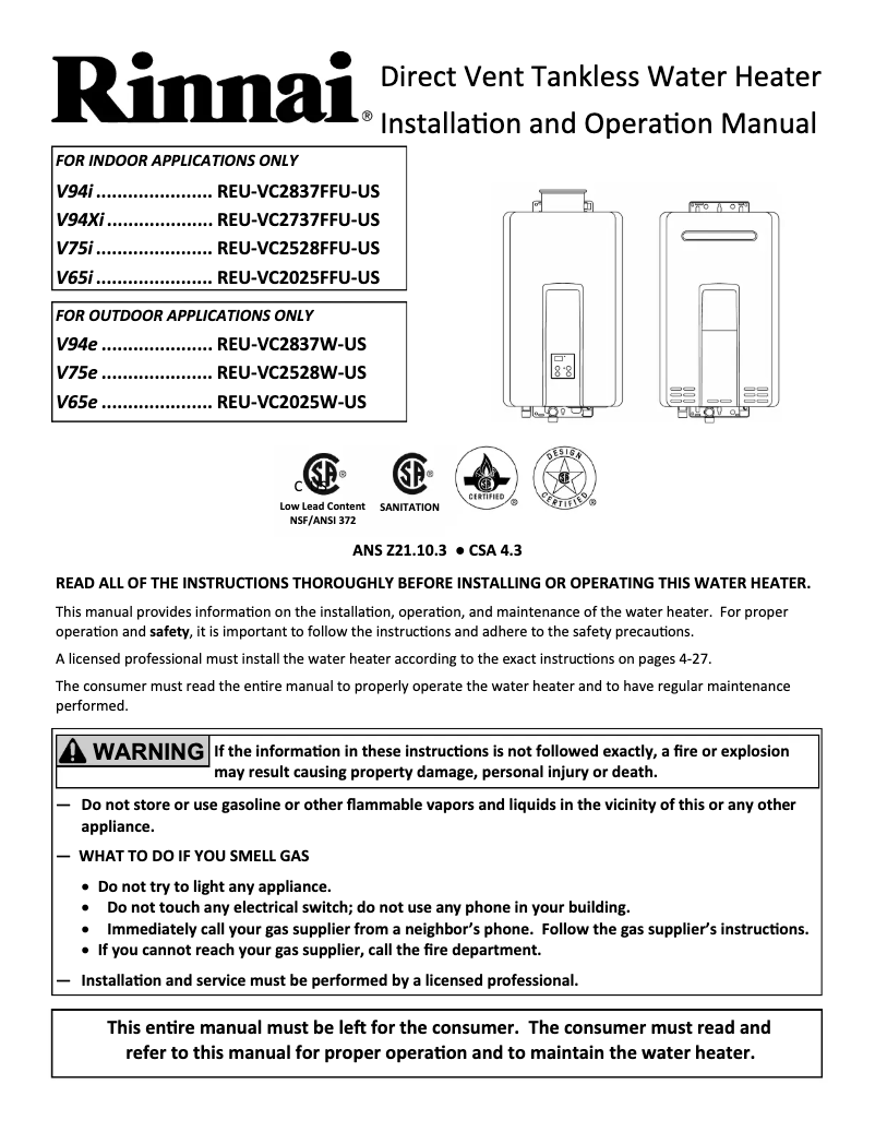 Page 1 de la notice Guide d'installation Rinnai V94iN
