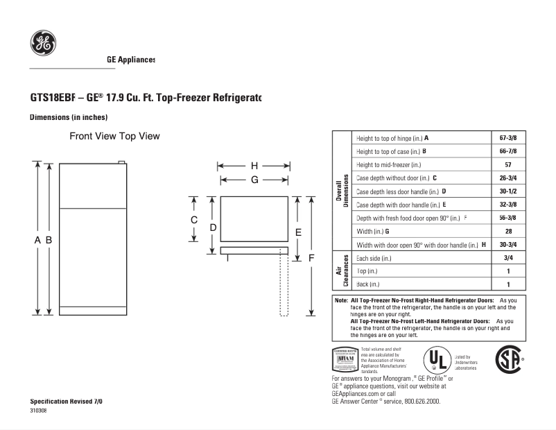 Page 1 de la notice Fiche technique GE GTS18EBRWW