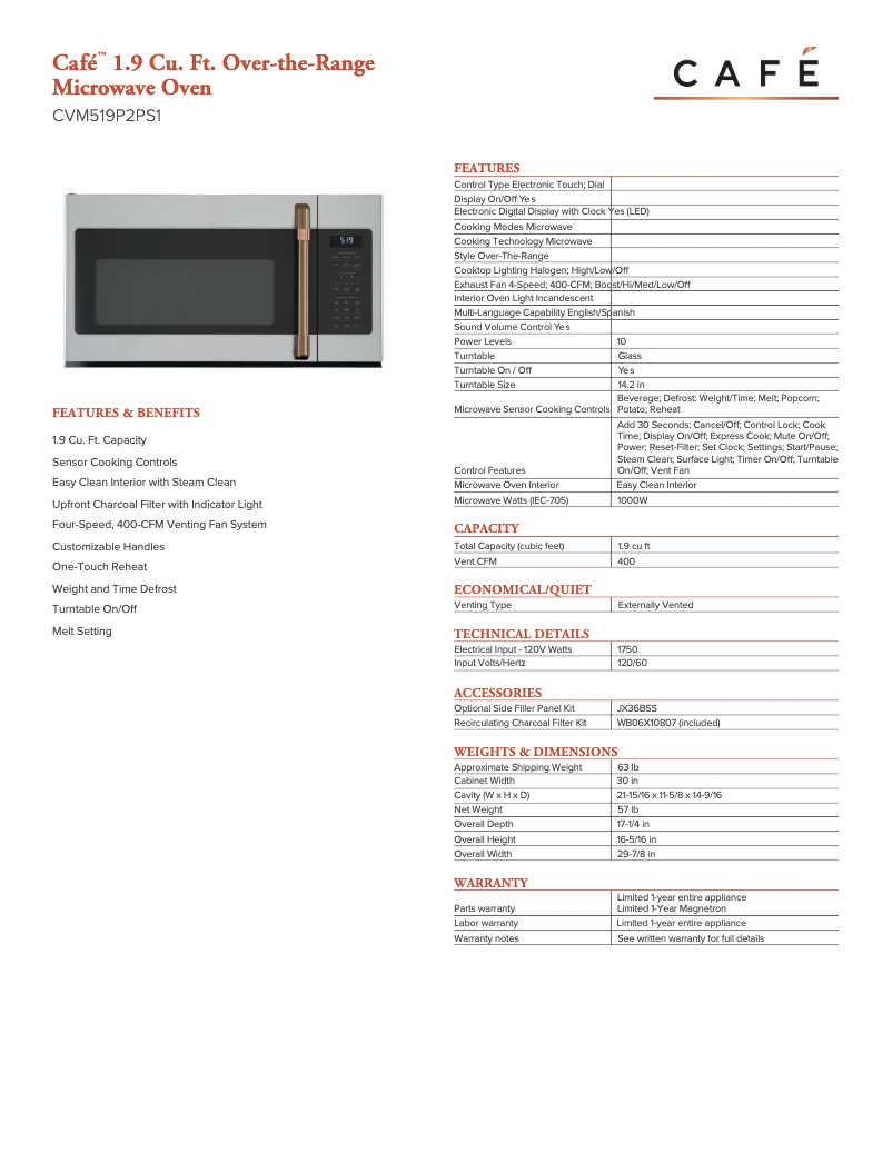 Page 1 de la notice Fiche technique GE CVM519P2PS1