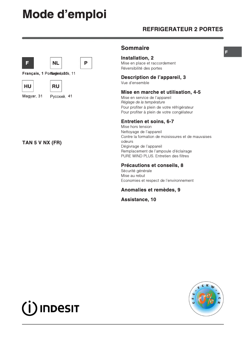 Page 1 de la notice Manuel utilisateur Indesit TAN 5 V NX (FR)