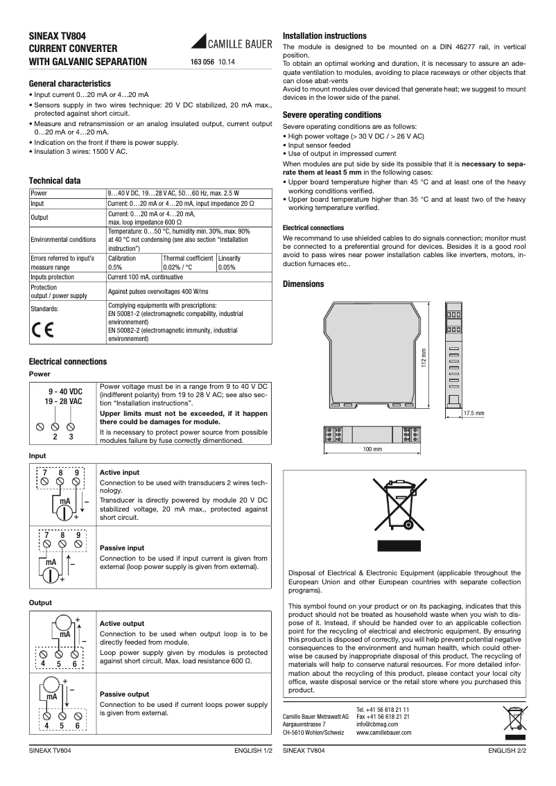 Page n°1 - Manuel utilisateur Camille Bauer Sineax TV804