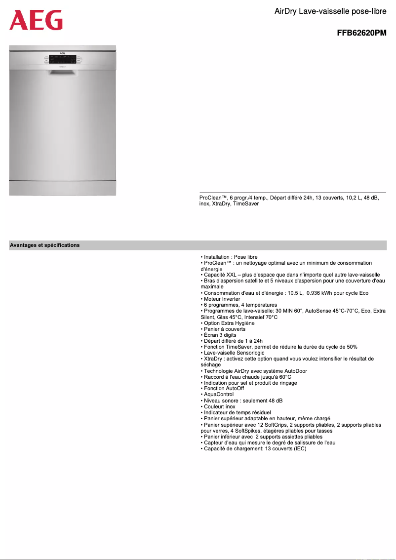 Page 1 de la notice Fiche technique AEG FFB62620PM