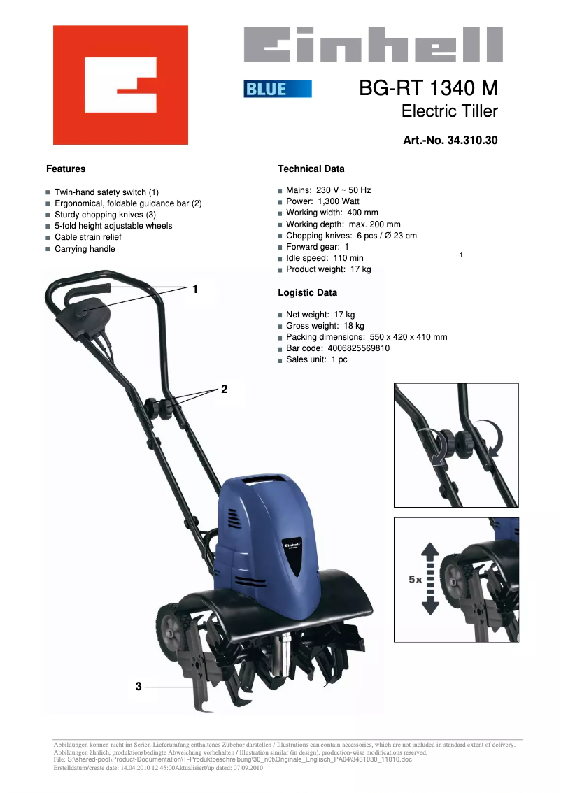 Página 1 del manual Ficha técnica Einhell BG-RT 1340 M