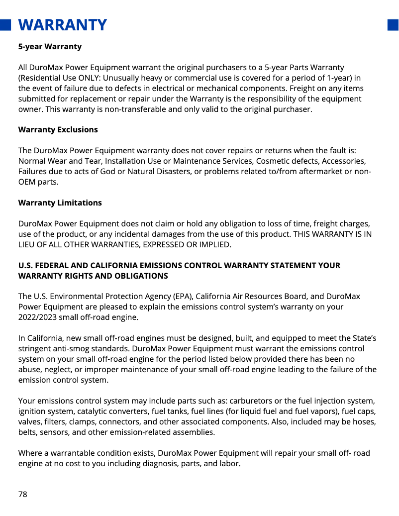 Page n°1 - Informations de garantie DuroMax XP12000HX