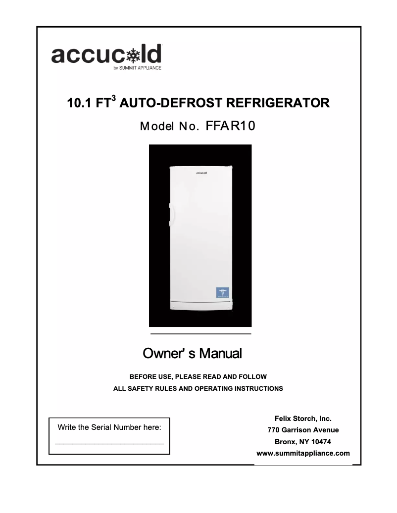 Image de la première page du manuel de l'appareil Accucold FFAR10