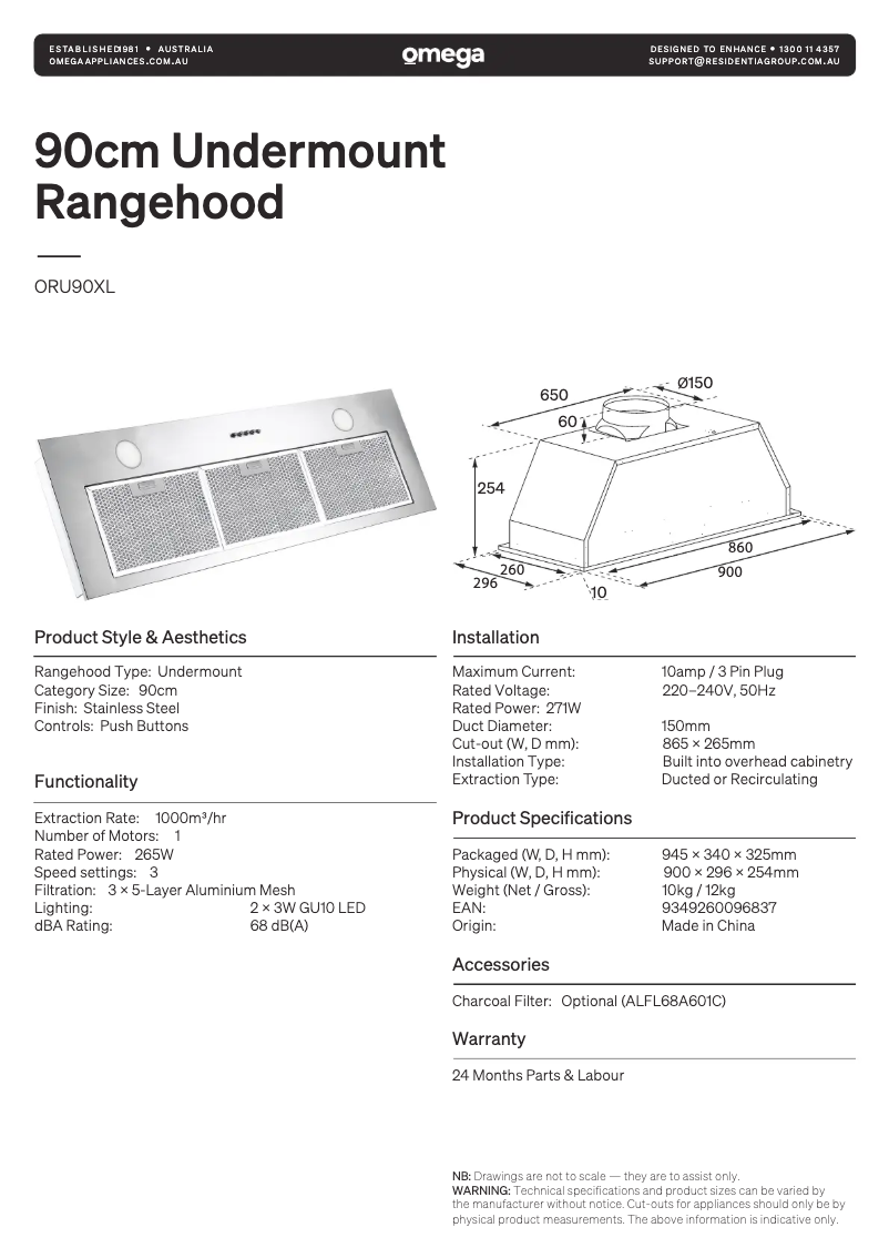 Page 1 de la notice Fiche technique Omega ORU90XL
