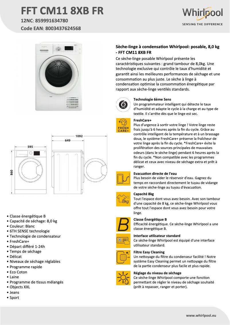 Page 1 de la notice Fiche technique Whirlpool FFT CM11 8XB FR