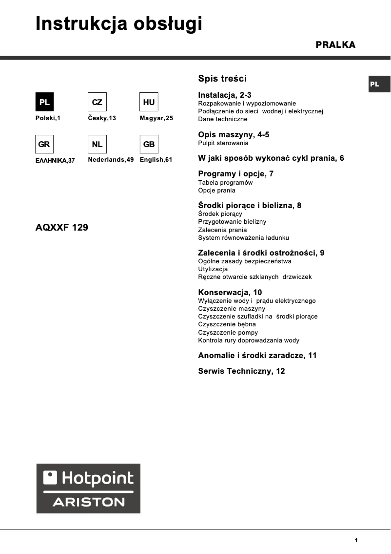Page 1 de la notice Manuel utilisateur Hotpoint Ariston AQXXF 129