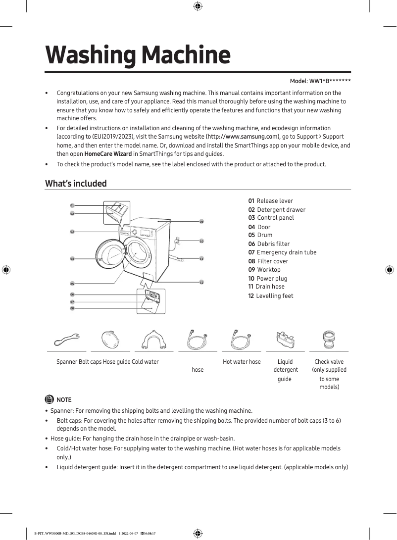 Page 1 de la notice Guide de démarrage rapide Samsung WW11BGA047AE
