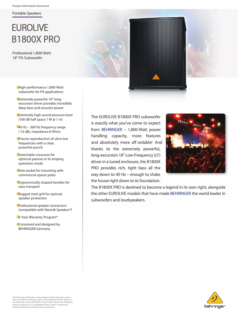 Page 1 de la notice Fiche technique Behringer B1800X PRO