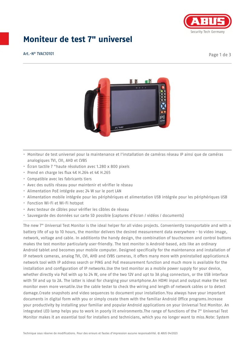 Página 1 del manual Ficha técnica Abus TVAC10101