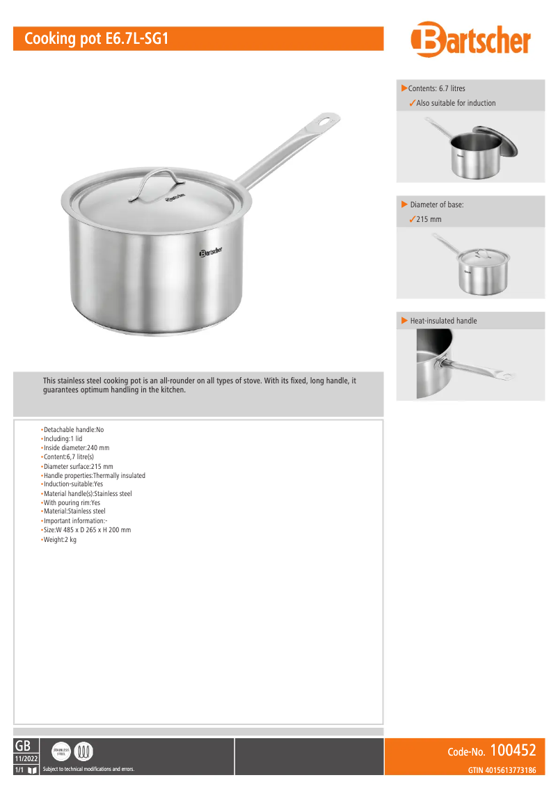 Page 1 de la notice Fiche technique Bartscher E6.7L-SG1