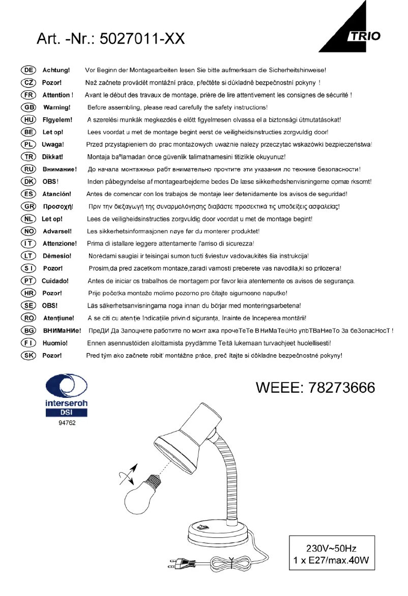 Page 1 de la notice Manuel utilisateur Trio Lighting Pronto 5027011-17