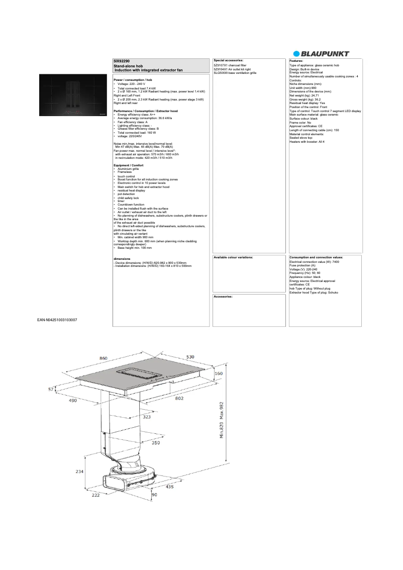 Page 1 de la notice Fiche technique Blaupunkt 5IX92290