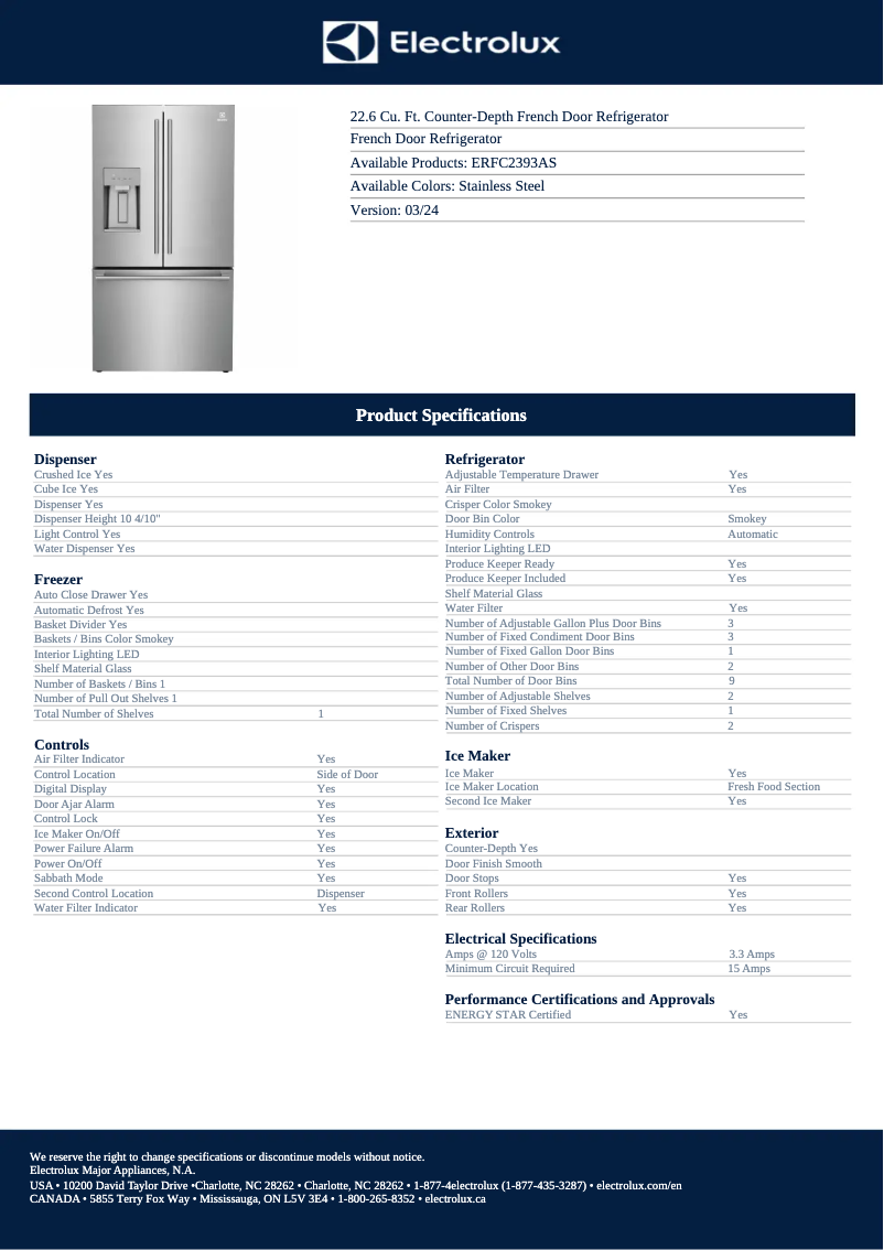 Page 1 de la notice Fiche technique Electrolux ERFC2393AS