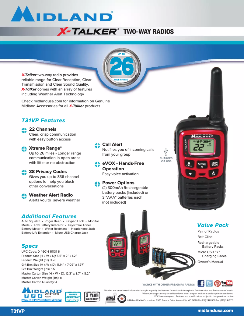 Page 1 de la notice Fiche technique Midland X-Talker T31VP