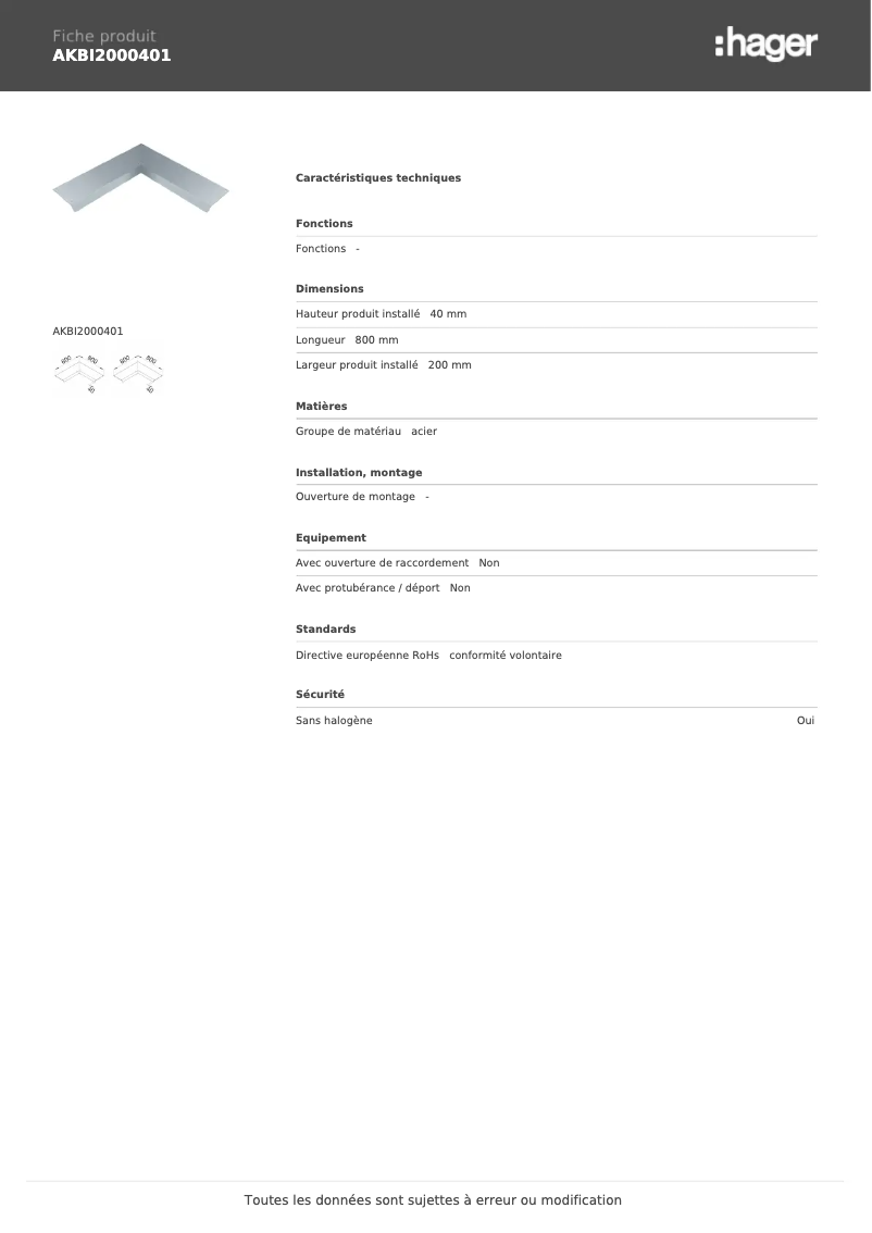 Page 1 de la notice Fiche technique Hager AKBI2000401