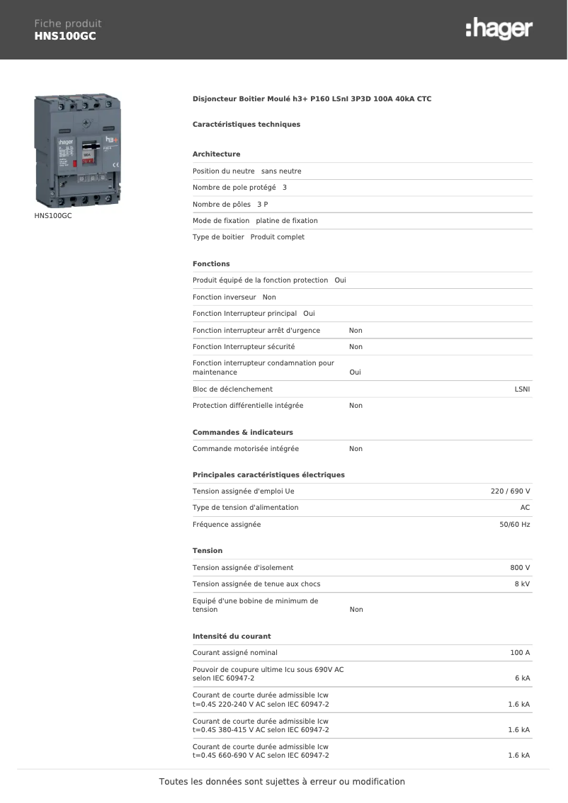 Page n°1 - Fiche technique Hager HNS100GC