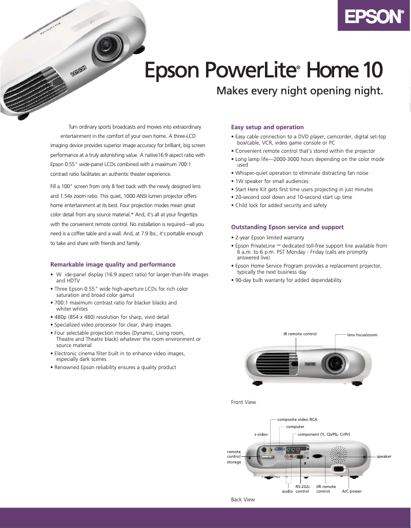 Página 1 del manual Folleto Epson PowerLite Home 10