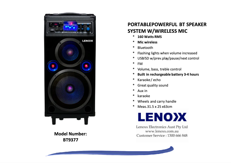 Page 1 de la notice Fiche technique Lenoxx BT9377