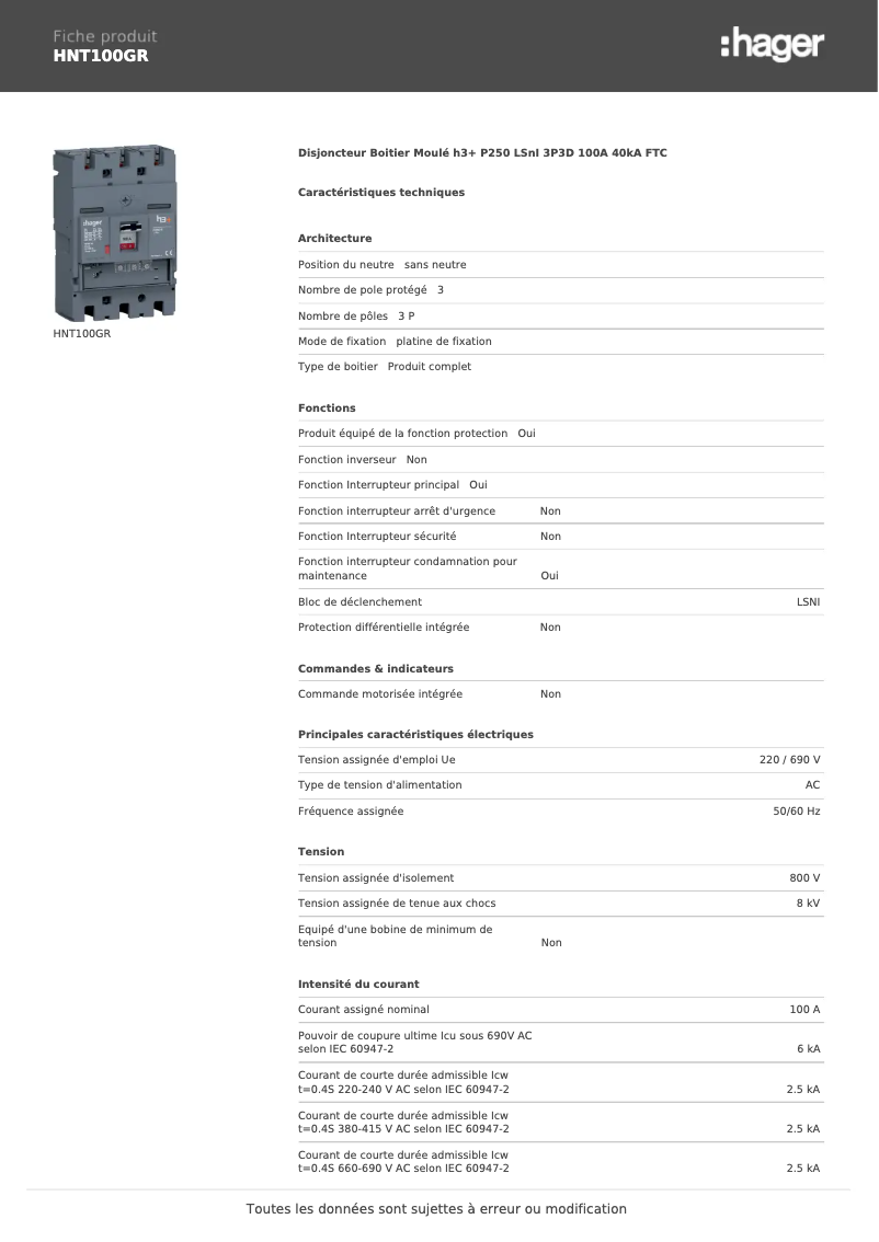 Image de la première page du manuel de l'appareil HNT100GR
