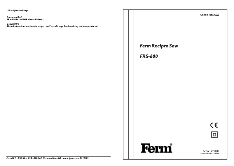Page n°1 - Manuel utilisateur Ferm FRS-600