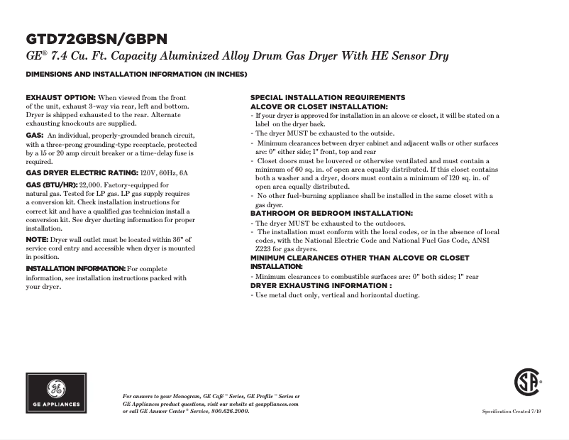 First page image of the manual for GTD72EBSNWS
