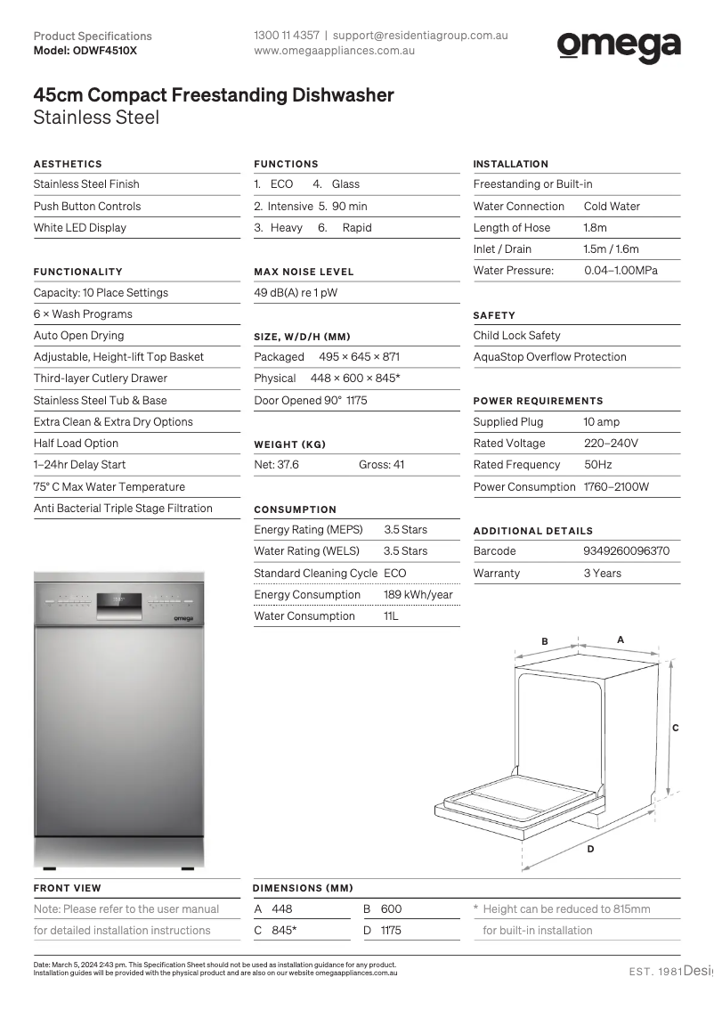Page n°1 - Fiche technique Omega ODWF4510X