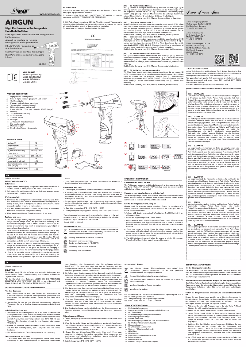 Page 1 de la notice Manuel utilisateur Airman 55-032-001