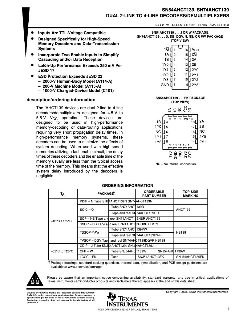 Page 1 de la notice Manuel utilisateur Texas Instruments SN74AHCT139N