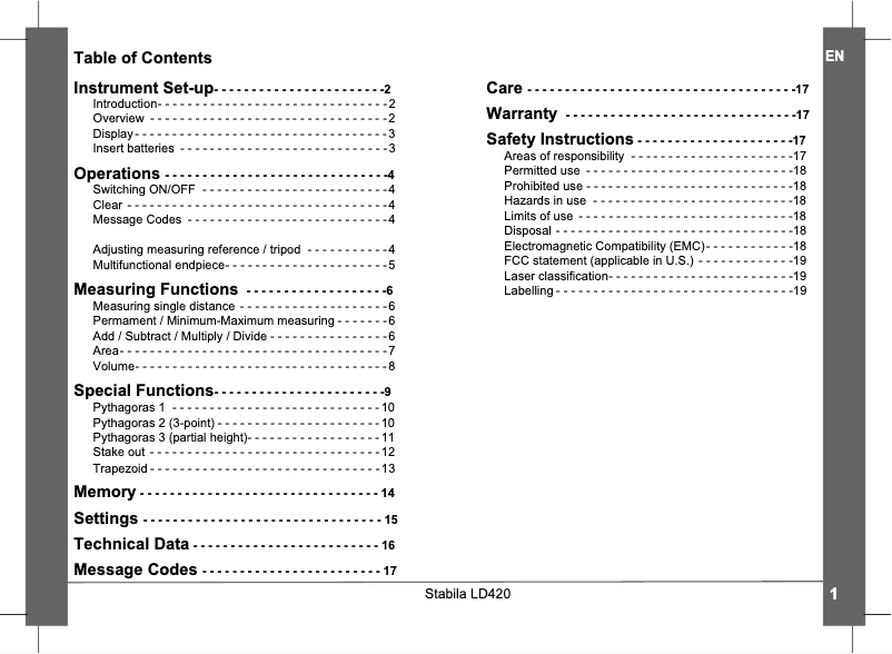 Page 1 de la notice Manuel utilisateur Stabila LD 420