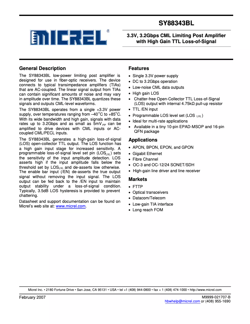 Page 1 de la notice Manuel utilisateur Microchip SY88343BL