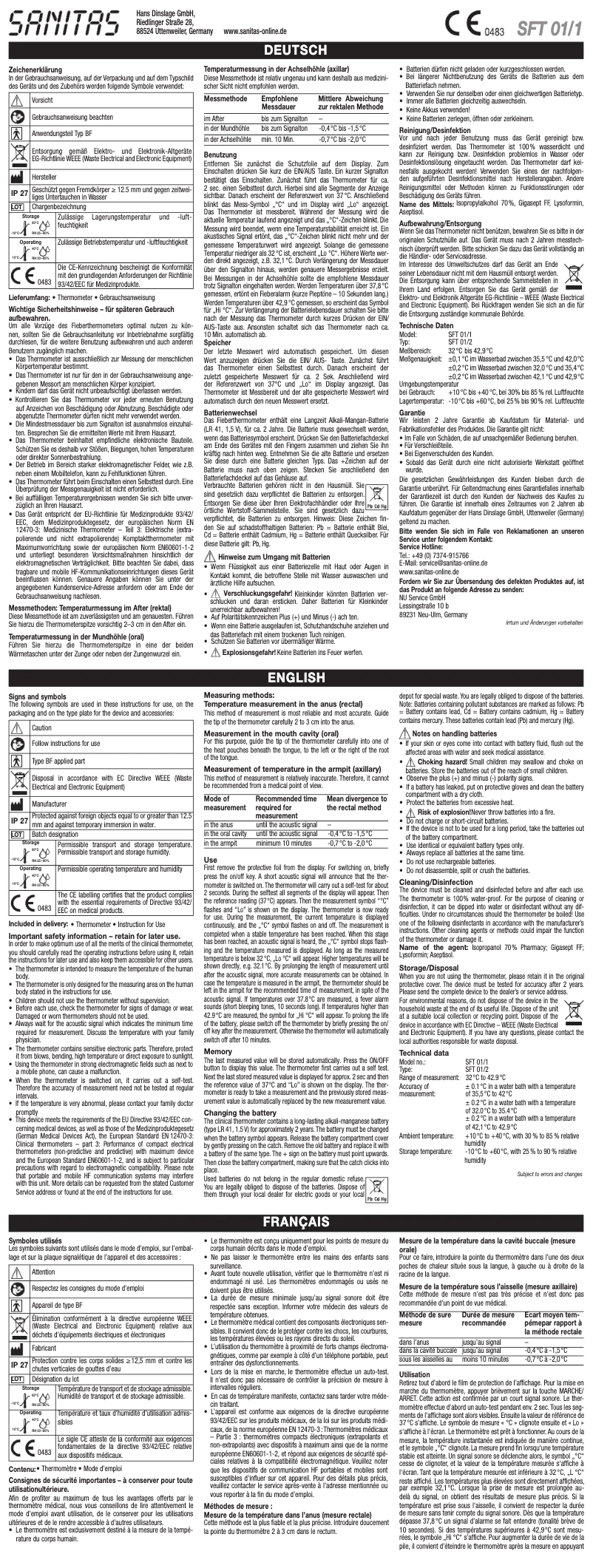 Page n°1 - Manuel utilisateur Sanitas SFT 01