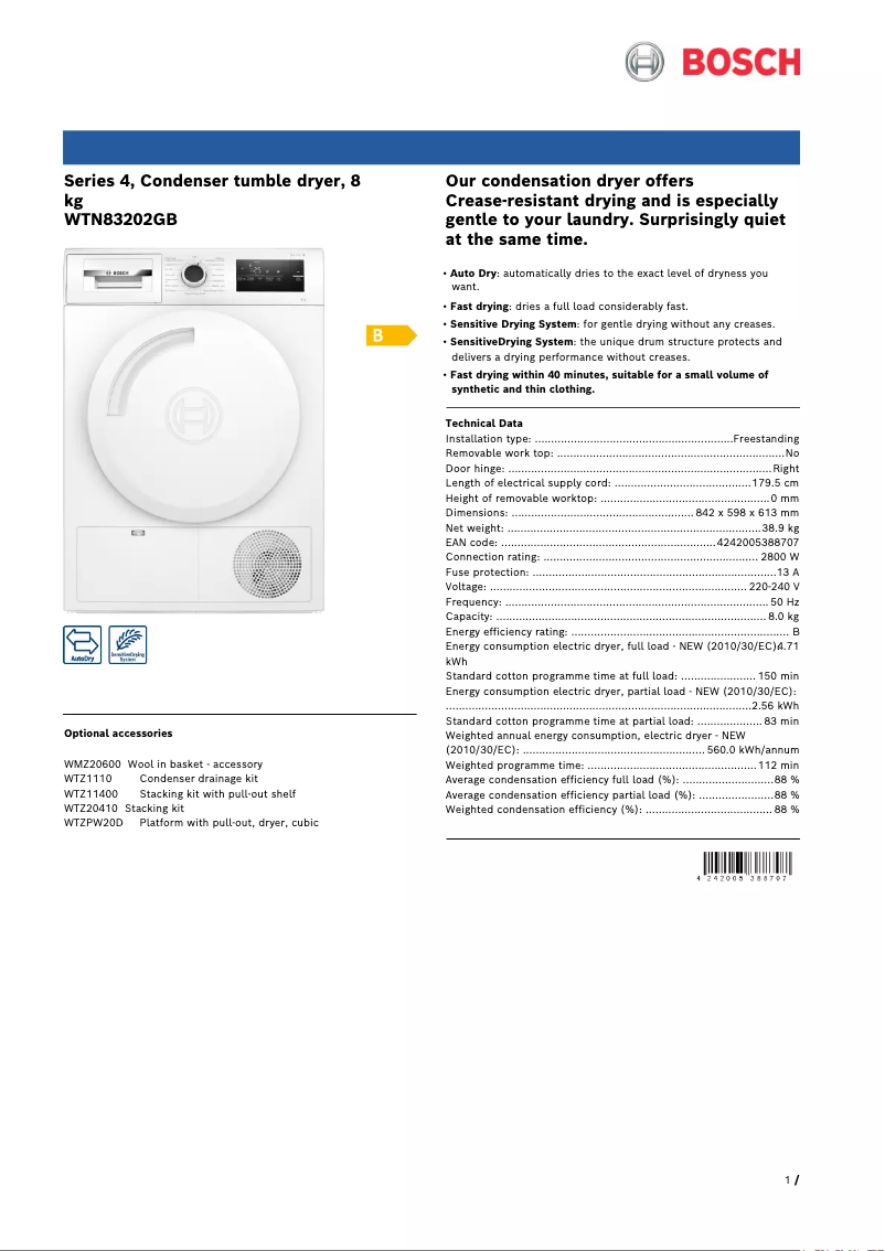 Page n°1 - Fiche technique Bosch WTN83202GB