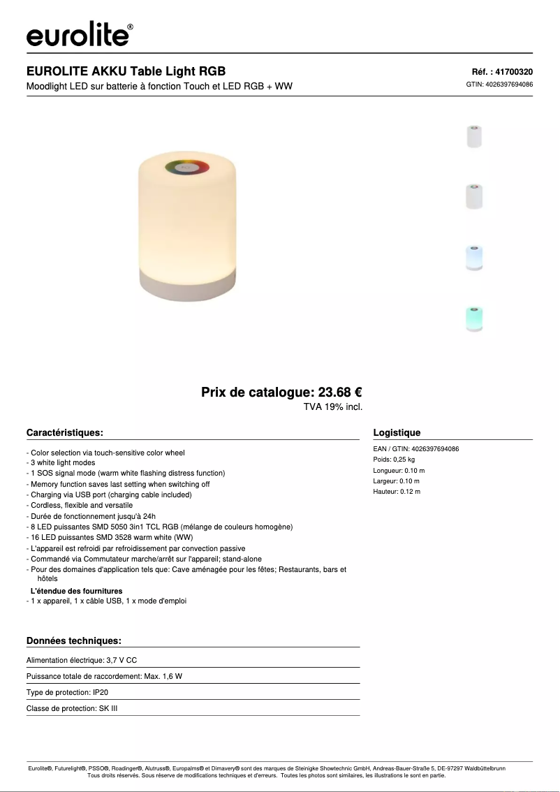 Page 1 de la notice Fiche technique Eurolite AKKU Table Light RGB