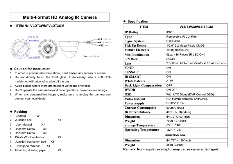 Page 1 de la notice Manuel utilisateur Speco Technologies VLDT3GM