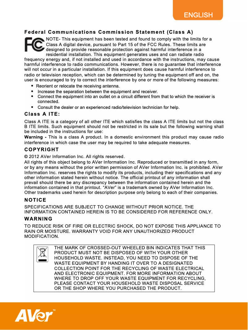 Page 1 de la notice Manuel utilisateur AVerMedia AVerVision M70