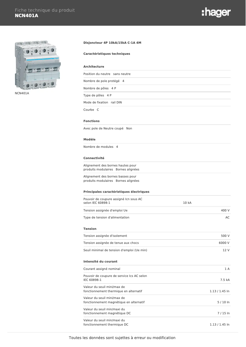 Page n°1 - Manuel utilisateur Hager NCN401A