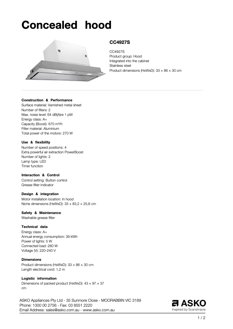 Page 1 de la notice Fiche technique Asko CC4927S
