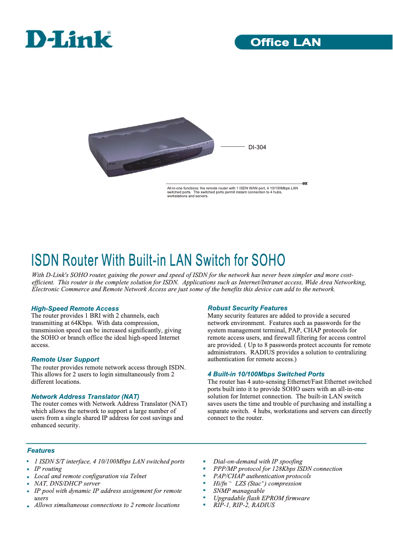 Page 1 de la notice Fiche technique D-Link DI-304
